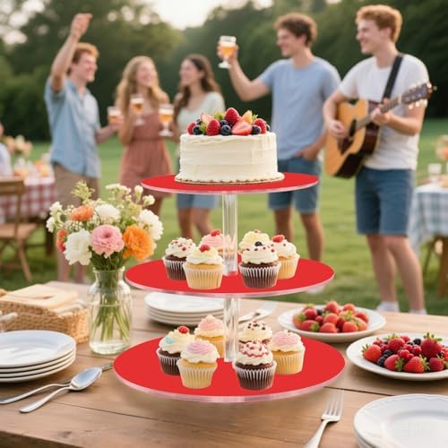 J JOYSAY Red Print Acrylic Cupcake Stand 3 Tier Dessert Table Display Set Clear Cake Stands for Baby Shower Party Wedding Decorations Easy Assembly Pastry Tower - Image 6