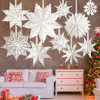 10 Pcs Christmas Paper Snowflake Lanterns, Large Christmas Paper Star Lanterns with LED Lights White Hanging Snowflake Lamp Ornaments for Xmas Winter Frozen Weddings Birthday Holiday Party Decorations - Image 2