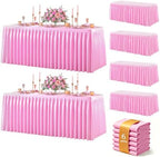 Pink Polyester Table Cloths for Rectangle 6 Foot Tables, 6 Pack Wrinkle Free Tablecloths Stretchy Banquet Ruffle Fitted Table Cover Desk Skirt for Parties Wedding Birthday Baby Shower by Unknown