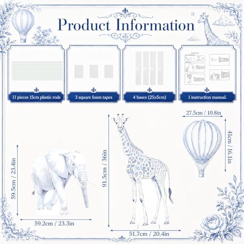 3Pcs Blue Toile de Jouy Safari Baby Shower Decorations, Large Elephant Giraffe Hot Air Balloon Cardboard Cutouts, Corrugated Plastic Jungle Animal Standees for Boy Gender Reveal Nursery Decor - Image 2