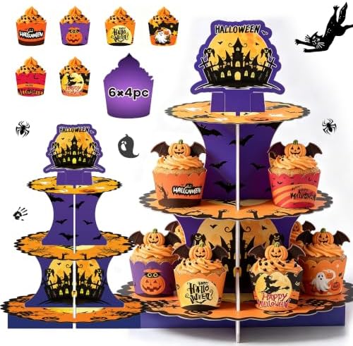 3 Tier Halloween Cupcake Stand with 12Pcs Cake Wrappers,12Pcs Cake Toppers by HKOORLAMULS