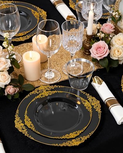 Nervure 175Pcs Black Plastic Plates, Disposable Party Plates for 25 Guests - Image 2