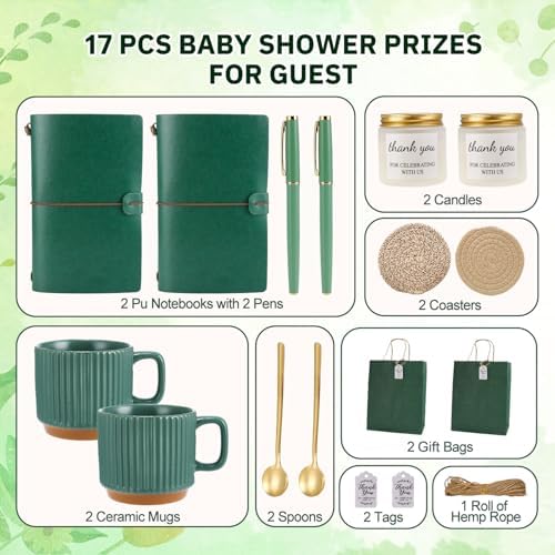 Baby Shower Prizes for Game Winners Baby Shower Games Prizes Ceramic Mugs with Metal Spoons Woven Coasters Notebooks Scented Candles Gift Bags Wedding Bridal Shower Favors for Guests (2, Green) - Image 4