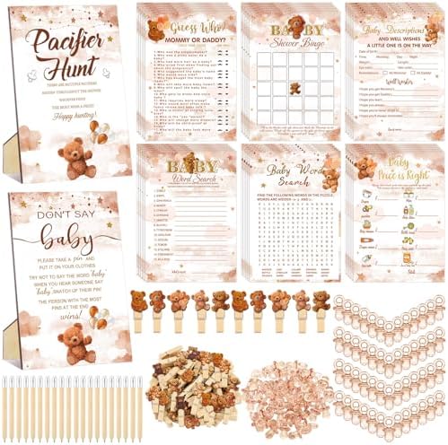 Sherr 424 Pcs Brown Bear Baby Shower Games Decorations, 8 Set, 50 Pacifiers by Sherr