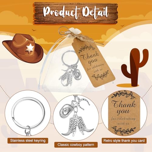 Huquary 50 Set Cowboy Western Party Favors Cowboy Western Keychain Hat Boot Horse Shoe Keyring with Organza Bags Thank You Tags and Rope for Guests Party Favor Supplies (Classic Style) - Image 3