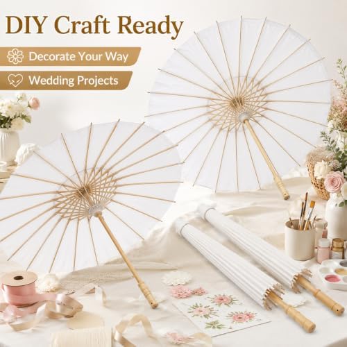 Koyal Wholesale 4Pcs White Parasol Umbrella 32” White Paper Umbrella for Wedding Paper Parasol Umbrella for Sun Bridal Party Chinese Japanese Parasol DIY Craft Arts - Image 2