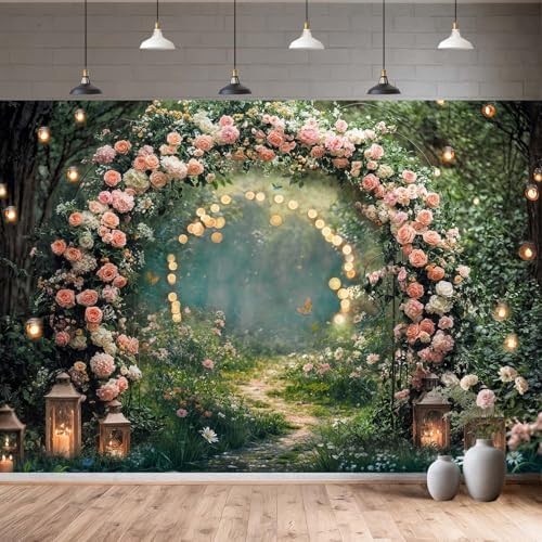 10x8ft Enchanted Forest Wedding Photography Backdrop Wonderland Roses Fairy Tale Backdrop Pink Flower Birthday Newborn Baby Shower Wedding Bridal Party Banner Photo Booth Props Anniversary Background - Image 7