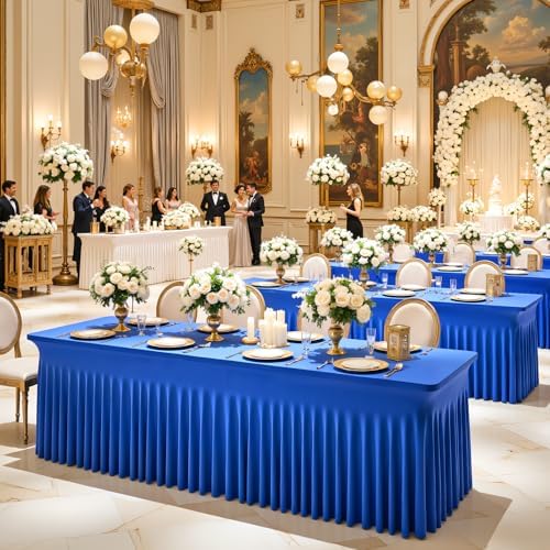 4 Pack 6ft Royal Blue Spandex Table Cloths for Rectangle Tables Wrinkle Free Rectangle Tablecloths, Stretch Fitted Table Cover with Skirt for Birthday Party Wedding Banquet Baby Shower Buffet Event - Image 3