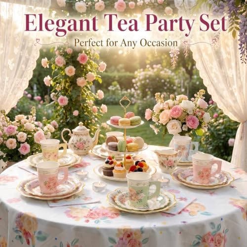 Yungyan 289 Pcs 72 Set Floral Tea Party Supplies, Tea Party Plates and Napkins Set with Tablecloth, Disposable Handle Teacups and Saucers for Birthday Wedding Bridal Shower Decorations (Sweet Style) - Image 5