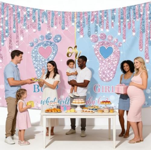What Will Baby Be? Gender Reveal Backdrop Banner Size 10x8 Ft Pink & Blue Glitter Baby Footprint Design Durable Polyester Photo Booth Background for Boy or Girl Gender Reveal Decorations - Image 4