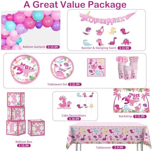 314Pcs Three Rex Birthday Decorations Serves 25 Guests, All-in-One Pink Dinosaur Birthday Decorations Includes Balloon Arch Kit, Banner, Plates, Balloons Box, Tablecloth, Cake Topper - Image 3