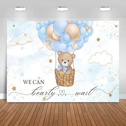 8x6FT Baby Shower Backdrop We Can Bearly Wait Blue Bear Hot Air Balloon Photography Background Newborn Baby Shower Party Decorations Banner Photo Booth Props by Unknown