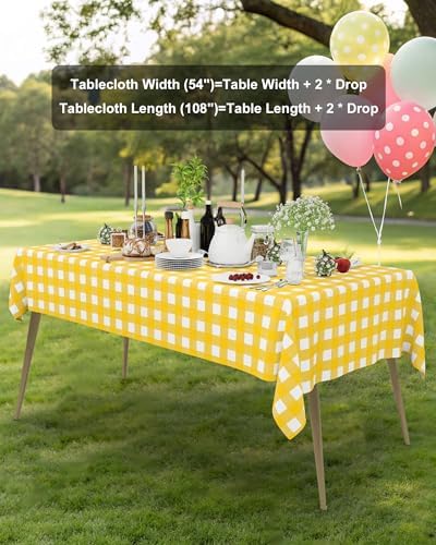 Smiry 8 Packs Gingham Disposable Table Cloth, 54 x 108 Inch Waterproof Plastic Tablecloth, Rectangle Yellow and White Checkered Table Covers for Picnic, Birthday, Party - Image 6