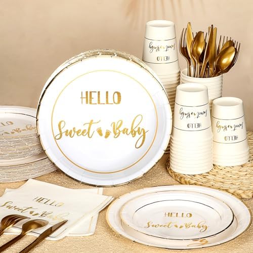 400 Pcs Baby Gender Reveal Plates and Cups and Napkins Sets with Forks Spoon Party Supplies Baby Shower Paper Tableware Gender Reveal Decorations Disposable Cutlery, Serves 50(Gold,Hello Sweet) - Image 2