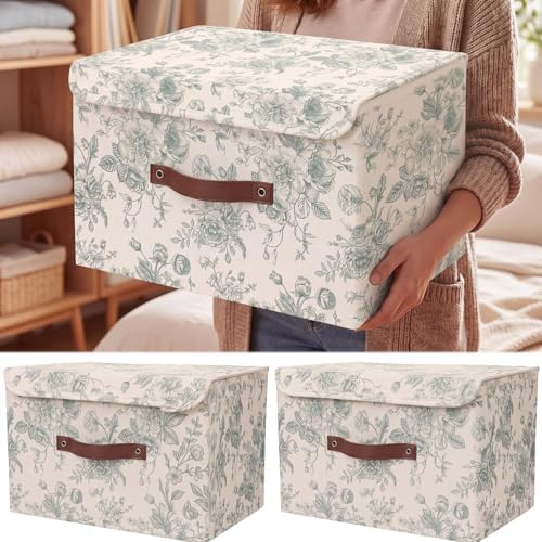 2 Pack Sage Green Floral Storage Bin with Lids, 15x10x10 Inch by Unknown