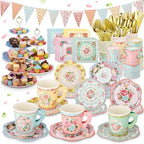 Nuogo 244pcs/40set Disposable Tea Party Supplies Vintage Floral Paper Tea Plates Cups Napkin 3 Tier Cake Stand Bunting Banner and Disposable Tableware for Birthday Baby Shower Bridal Wedding, Serve 40 by Nuogo