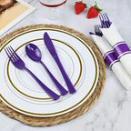 100 Pack Pre Rolled Purple Plastic Silverware with Napkins - Image 2
