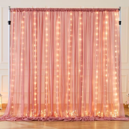 10x10ft Dusty Rose Chiffon Backdrop Curtain with Lights String for Wedding Sheer Tulle Curtain Photo Backdrops Drapes for Baby Shower Birthday Party Home Ceremony Decorations - Image 3