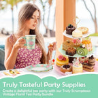 Layhit 83 Pcs Disposable Tea Party Set with 3 Tier Cake Stand Vintage Floral Paper Cups Plates Napkins Cutlery for Women Girls Birthday Baby Shower Bridal Shower Tea(Novel) - Image 6
