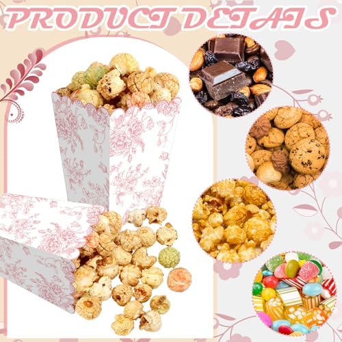 Gueevin 100 Pcs Pink Floral Popcorn Boxes with Scalloped for Party 5.5 x 10.5 x 7.5 cm Mini Paper Popcorn Containers Bulk for Wedding Movie Night Decorations Bridal Baby Shower Party Supplies - Image 6