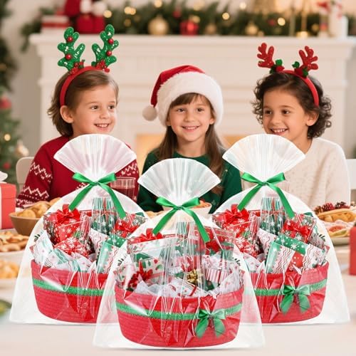 FoldTier 8 Pack Christmas Woven Gift Baskets with Handles,Red - Image 2