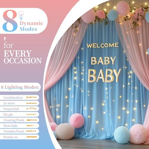 10x10ft Pink Blue Tulle Backdrop Curtain with String Lights, Wrinkle-Free Sheer Wedding Backdrop for Birthday Parties, Baby Showers, Bridal Showers, Photo Shoots and Home Decor, Pink Blue - Image 4