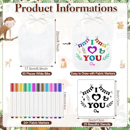Panitay 100 Pcs DIY Baby Bibs Decorating Kit 50 White Bibs 25 Stencils 24 Markers 1 Baby Shower Game Sign - Image 2