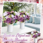3 Sets Artificial Peonies Flower Peony Bouquet with Galvanized Metal Pot Silk Fake Peonies Faux Flower Arrangements for Wedding Table Centerpiece Party Home Room (Purple) - Image 6