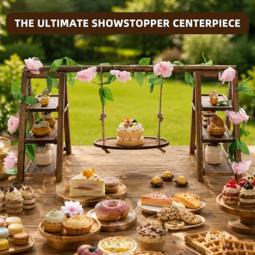 3 Tier Wooden Cupcake Stand with Unique Swing & Flower Decor, Rustic Dessert Table Display Set, Foldable Ladder Serving Tray for Wedding, Baby Shower, Birthday Party & Event Centerpiece - Image 2