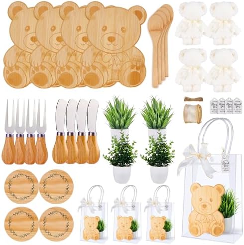 38Pcs Baby Shower Prizes for Game Winners Bamboo Cheese Board Fork Butter Spreaders Coasters Towel Artificial Potted Plant Gift Bag for Baby Shower Bridal Shower Favors (4 Sets, Bamboo Bear Shaped) by WishFond