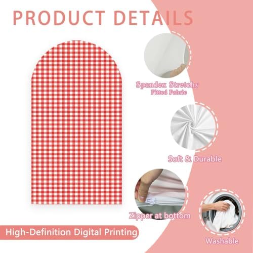 Checkered Gingham Arch Backdrop Cover 6.6ft Red and White Girl Bridal Baby Shower Birthday Party Classic Plaid Pattern Stretchy Arched Photo Booth Decorations - Image 4