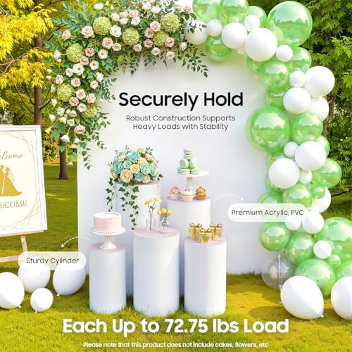 SHZICMY 5 Pcs White Cylinder Pedestal Stands for Wedding Decor, Round Acrylic Display Stand Set, Stackable Hollow Dessert Cake Stand for Birthday Party Baby Shower Celebration - Image 3