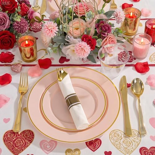 SUT 350 Pcs Pink and Gold Plastic Dinnerware Set for 50 Guests, Include: 50 Dinner Plates, 50 Dessert Plates, 50 Pre Rolled Napkins With Silverware, 50 Cups, Disposable Plates for Baby Shower, Party - Image 2
