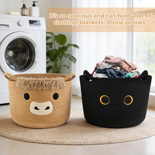 Large Black Cat Basket for Nursery,Cute Cat Woven Laundry Blanket Cotton - Image 5