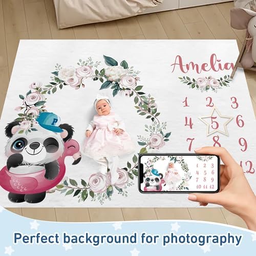 Custom Name Baby Milestone Blanket - Baby Milestone Monthly Blanket with Double Sided for Boy Girl Baby Photography Props - White Panda Print Gifts for Kids Infant - Image 2