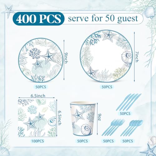 Funnymoom 400 Pcs Ocean Seashell Party Supplies for 50 Guests Blue White Coastal Beach Disposable Plates Napkins Cups Spoons Forks Knives for Summer Wedding Tea Party Bridal Baby Shower - Image 2