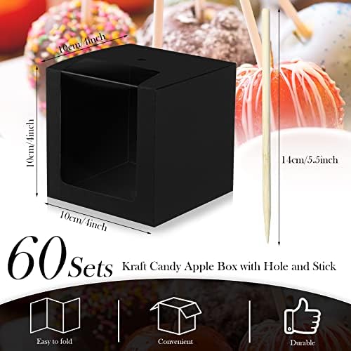 Yahenda 60 Pcs Kraft Candy Apple Boxes with Hole and Stick 4" x 4" x 4" Candied Apple Cake Cookies Chocolate Gift Boxes with Clear Window Caramel Apple Boxes for Wedding Baby Shower Party (Black) - Image 2