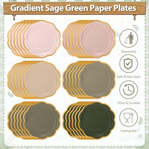 Sage Green Plates and Napkins Party Supplies for 48 Guests, Disposable 9’’ Gradient Pink and Green Scalloped Paper Plates Tableware Set for Birthday Party, Wedding, Baby Shower Decorations - Image 3