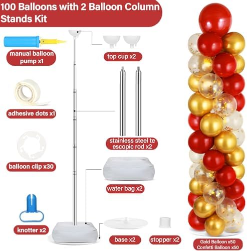 2 Sets Red Gold Balloon Column Stand Kit with 100 Balloons Adjustable Balloon Tower Stand with Bases for Floor Red Gold Confetti Balloon Column Kit for Back to School Birthday Wedding Party Decor - Image 2