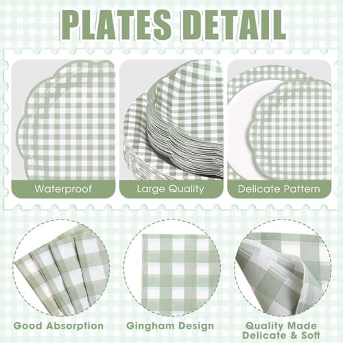 Funnymoom 250 Pcs Sage Green Gingham Paper Plates and Napkins Cups Serve 50 - Image 2