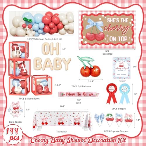 Costova Cherry Baby Shower Decoration, She’s the Cherry On Top Party Supplies with Balloon Boxes Cherries Backdrop Tablecloth Cake Cupcake Topper Poster Badges Sash - Image 2