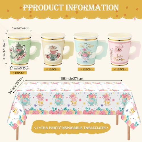 Yungyan 193 Pcs 48 Set Floral Tea Party Supplies, Tea Party Plates and Napkins Set with Tablecloth, Disposable Handle Teacups and Saucers for Birthday Wedding Bridal Shower Decorations (Elegant Style) - Image 3