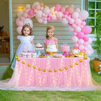 PARTISKY Pink Tulle Tutu Table Skirt for Rectangle Tables or Round Table,Led Light String Table Cloth for Girls Baby Shower Birthday Party Dessert/Cake Tables - Image 4