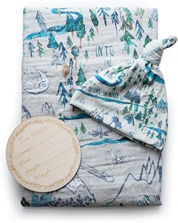 Miaoberry Mountain Baby Organic Muslin Swaddle Blankets for Baby Boy with Hat and Wooden Hello World Newborn Sign, Adventure Forest Theme, Newborn Photography Outfits Boy, Birth Announcement Sign by MiaoberryBaby