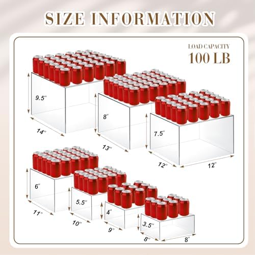 Leinuosen 7 Pcs Extra Large Buffet Risers Set 8" to 14" Acrylic Display Box Square Catering Dessert Table Riser Food Display Decorative Stand with Hollow Bottom for Catering Supplies(Clear) - Image 2