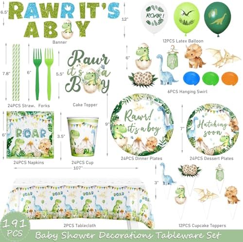 Hombae Dinosaur Baby Shower Decorations Boy, Hatching Soon Baby Shower Party Supplies with Rawr It's a Boy Tableware, Plates, Napkins, Hanging Swirls for Boys Dino Theme Party, Serves 24 - Image 2