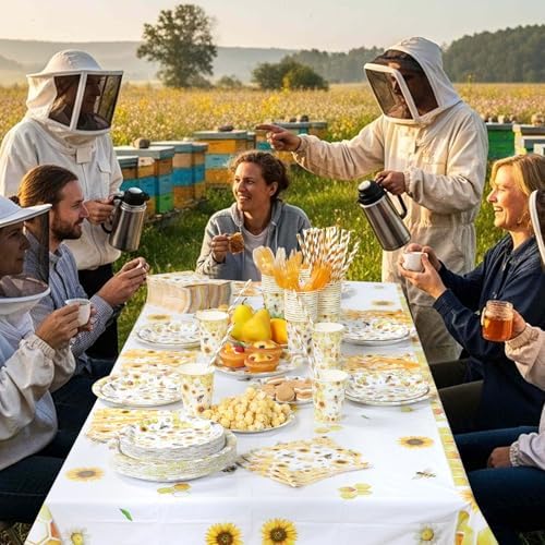 LemonRoad 452 Pcs 50 Guests Bee Paper Plates Cups Napkins Party Supplies Tablecloth Cutlery Straws Disposable Tableware Set for What Will Baby Bee Gender Reveal First Birthday Bridal Shower Decoration - Image 6
