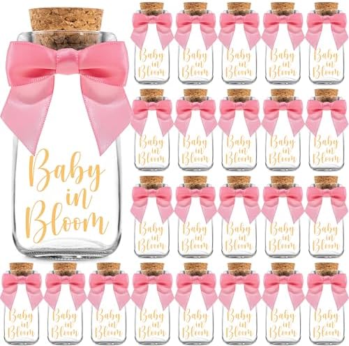 Ethisa Vintage 24 Pack Baby in Bloom Milk Glass Bottles with Ribbons and Stickers - Classy Baby Shower Favors for Guests and Table Centerpieces - Dusty Pink Floral Decorations and Candy Jar Keepsakes by Ethisa