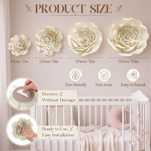 4pcs Large Book Page Paper Flowers Wall Decor Handmade 3D Vintage Literary Style Flowers with Nano Tape 4 Sizes (7"-13") for Wedding Nursery Party Home Set of 4 No Stem - Image 2