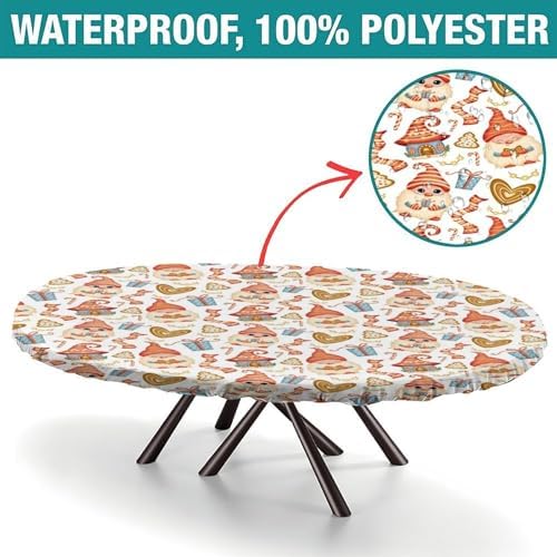 Cartoon Christmas Gnomes & Sweet Fabric - Red Print Oval Tablecloth Fitted Waterproof & Stain Resistant Elastic for Dining Table Buffet Parties and Camping Fits for 54" x 76" Oval Table - Image 2